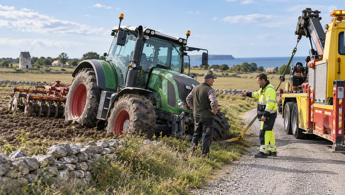 Bärgning av traktor vid lantbruk på Gotland med bärgningsbil och förare på plats.