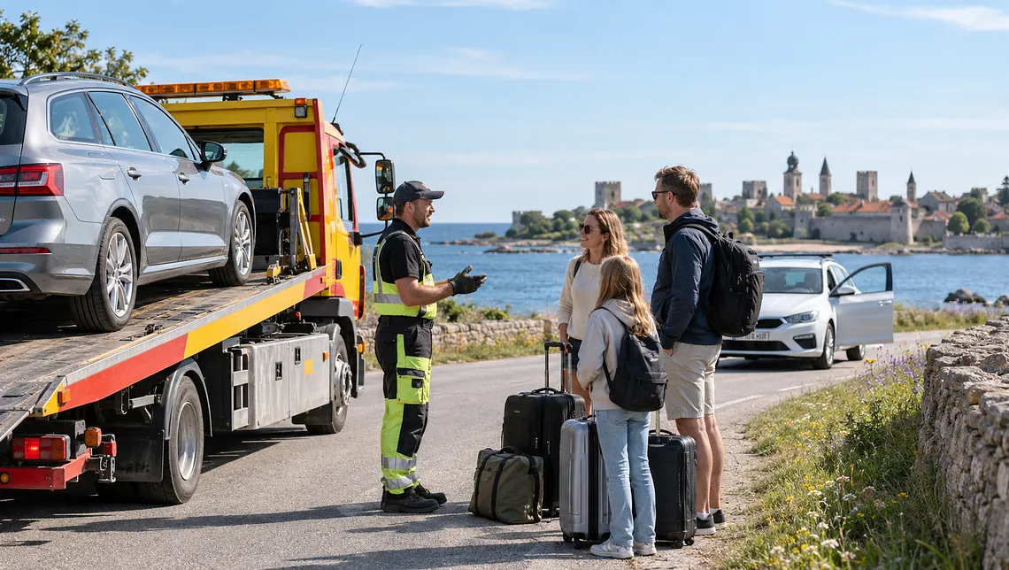 Bärgningsbil hjälper resenärer med trasig bil och bagage på Gotland.