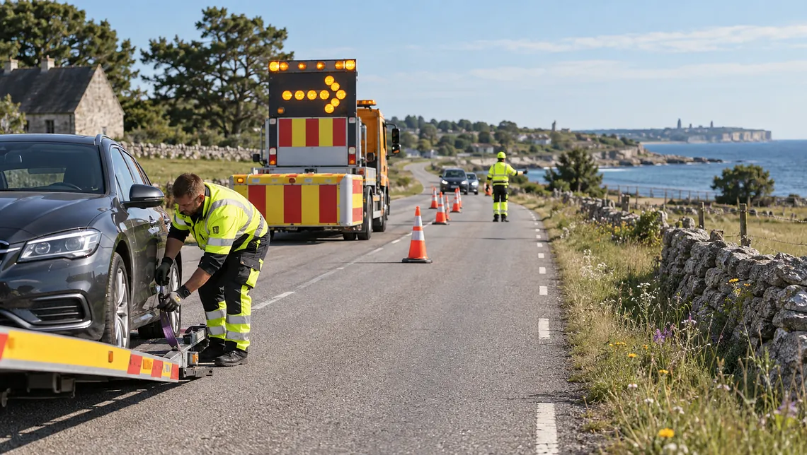 TMA bil och avspärrning skyddar bärgare vid bärgning på väg på Gotland.